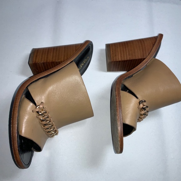 Coach kylie semi matte calf mules stack heels Sz 6.5B gold tone chain accent - Picture 3 of 8